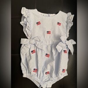 🇺🇸Starting Out Light Blue & White Striped Romper with Flag Embroidery